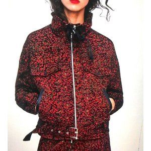 zara basic Jacquard Red Animal Print Belt Bomber Zipper Jacket Women’s Sz XS